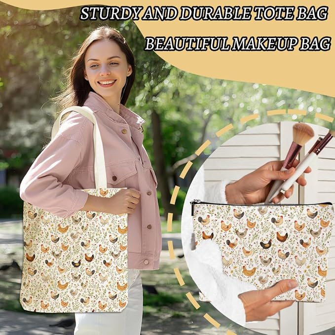 Cute Farm Animal Chicken Gifts for Women Girls Sister Chicken Lovers Mom Makeup Bag Canvas Tote Bag, Reusable Grocery Bags with Inner Pocket for Beach Camping Shopping Birthday Christmas