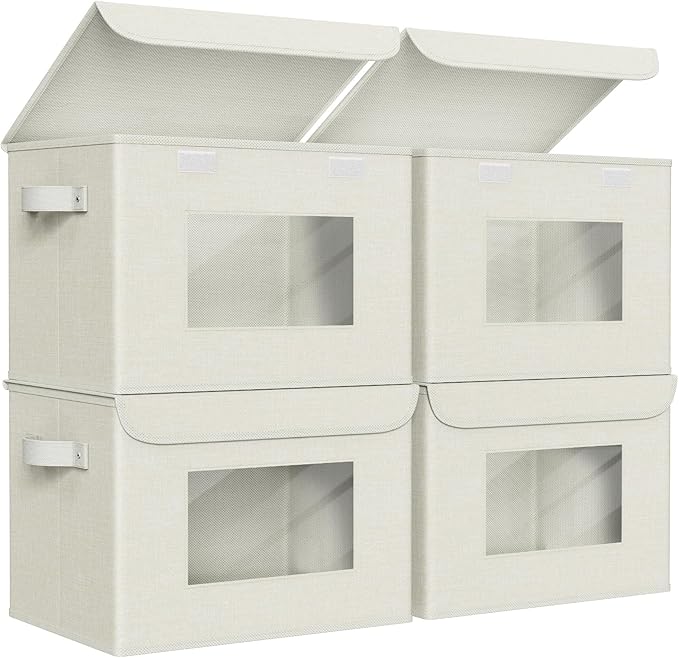 Univivi Fabric Storage Bins with Lids for Clothes 4 Pack, Beige Linen | 17 x 12 x 12 In Foldable Storage Boxes with Handles, Clear Window, Closet Organizers for Home, Bedroom