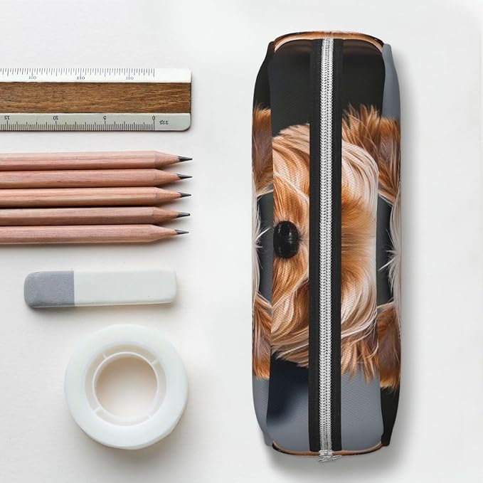 PU Leather Pencil Case Cosmetic Pencil Bags Makeup Pouch with Zipper | Cute Pet Yorkie Pen Pouch Portable Cosmetic Organizer Bag For Office Woman Man