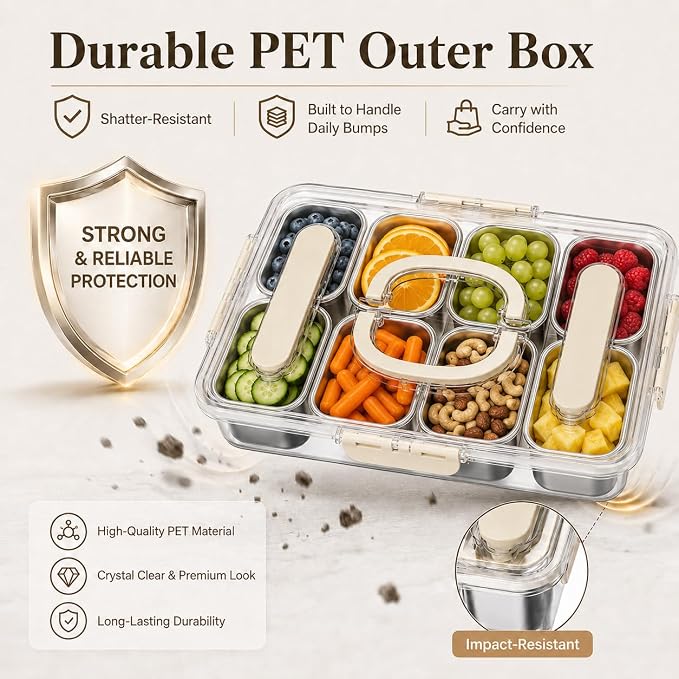 Ankou Snackle Box Container, Stainless Steel Divided Serving Tray with Lid, Handle and Forks