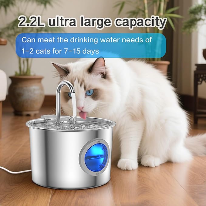 Cat Water Fountain Advanced 304 Stainless Steel 2.2L/74oz with Detachable Tank, Easy to Clean, Automatic Pet Fountain Quiet Cats Water Dispenser, Perfect for Indoor Cats Dogs