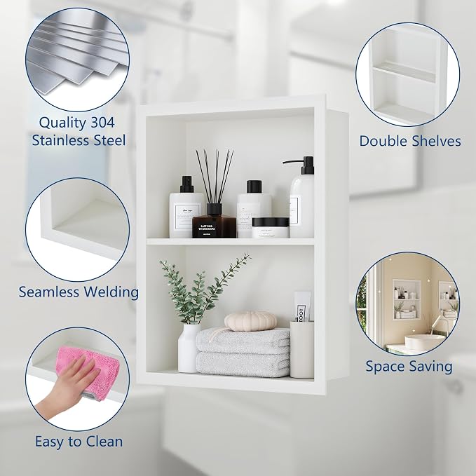 Qeke 14x 18 Medicine Cabinet Recessed with Double Shelves, Matte White | 304 Stainless Steel Medicine Cabinet without Mirror, No Tile Needed Wall Niche for Bathroom Storage, Space Saving & Durable