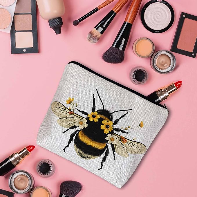 Women Makeup Organizer Bag Bumblebee Bumblebee Honey Bee Sunflowers Yellow Flax Cosmetic Bag Makeup Bags Toiletry Bag Accessories Organizer Travel Bags For Home Bathroom Office Hotel Gym