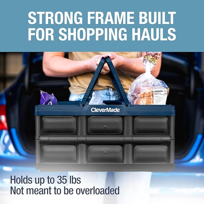 CleverMade Collapsible Shopping Basket, 32L Storage Crate, 1 Pack, Ocean | Carry Bigger Grocery Hauls with Confidence | Rigid Walls Hold 35 lb, While Top and Side Handles Balance the Load