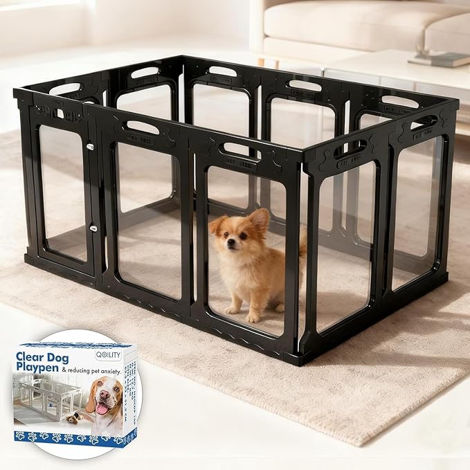Clear Acrylic Indoor Dog Playpen, 24" H, 10 Panels, Black | Open View, Modern Home, No Climbing Bars, Tool-Free Setup, For Puppies & Small Dogs
