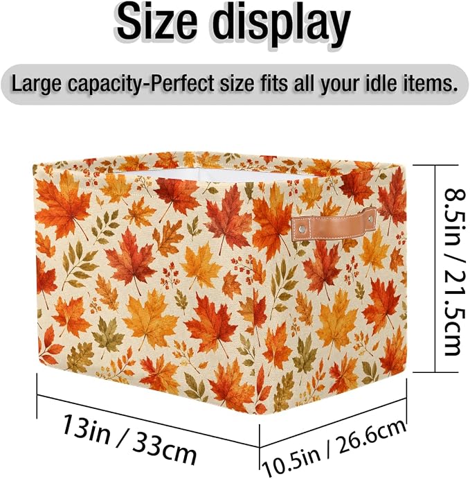 Leaf Fall Basket Storage Bins Rectangle Canvas Basket Cube Storage Box | Nursery Foldable Basket with Handle for Kids Girls Boys Toys Living Room Closet Organizer Shelf Gifts Autumn Fall