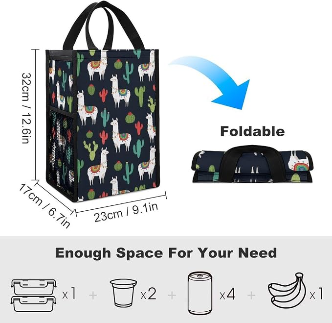 Reusable Insulated Lunch Bag Portable Thermal Lunch Box Container Compatible with Llama Alpaca Cactus Travel Picnic Food Organizer Bags
