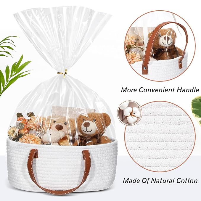 Colingmill Empty Woven Gift Basket with PU Leather Handle and Bag Cotton Rope Basket Organizer for Pet Toy Storage Baby Shower Birthday Party Wrapping Gift(12 * 8 * 5 Inch)