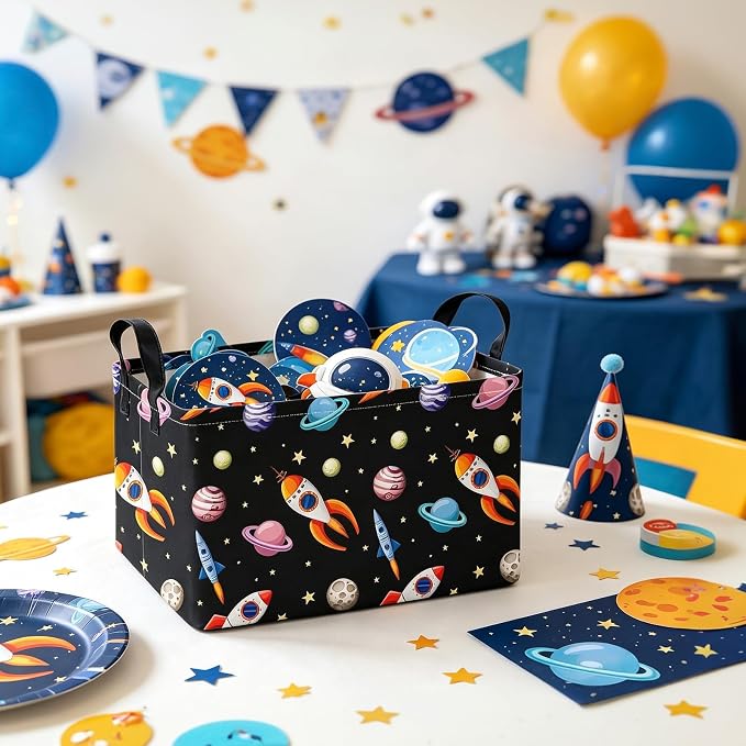 Rectangular Space Planet Rocket Storage Bin Boys Toy Organizer | Laundry Hamper Foldable Canvas with Handles for Organizing Home Kitchen Children Toys Office Closet Shelf Baskets