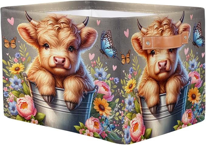 Basket Storage Bins Alpine Cattle Cow Flower Rectangle Cube Basket Box Kids Girls Boys Toys Organizer Beaket Decor Foldable with Handle for Living Room Bedroom Closet Nursery Office Shelf Gifts
