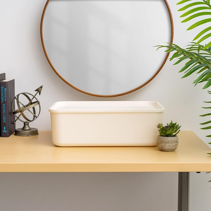 IRIS USA Storage Bins with Lids |Made in USA| Medium (4-Pack) - Off White | Modern Basket Container Boxes for Bedroom, Living Room, Kitchen, Bathroom & Closet Organization