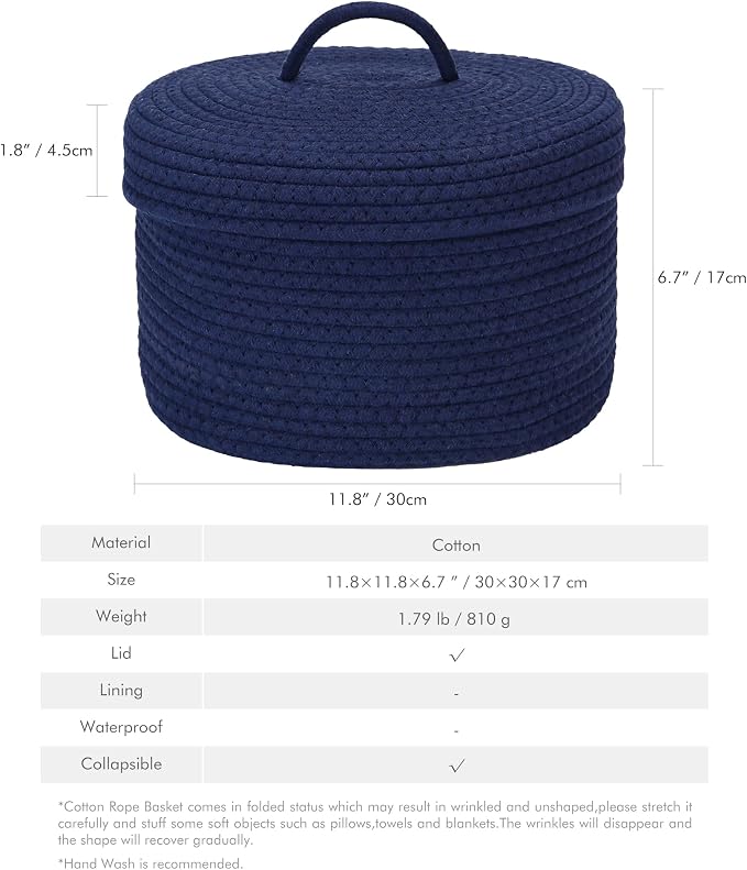 Sea Team Round Storage Basket, Woven Cotton Rope Basket with Lid, Navy | Decorative Knitted Storage Bin, Multi-Purpose Lidded Organizer for Closet Shelves, Nursery and Household Storage