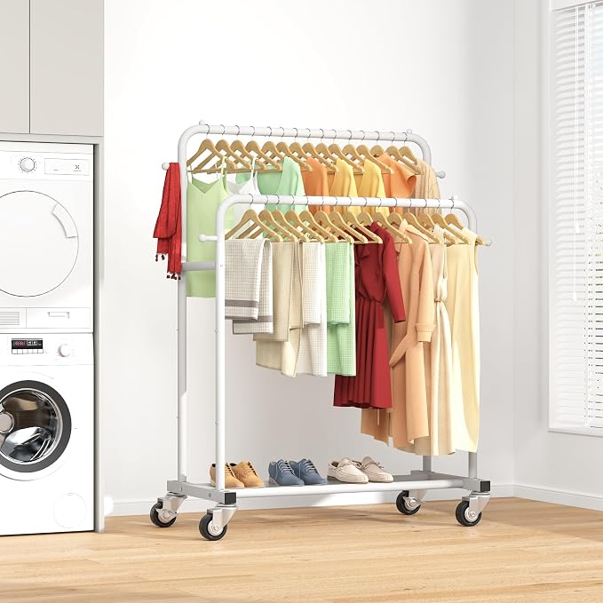 Laiensia Double Rods Garment Rack with Wheels, Clothing Rack for Hanging Clothes,4 Hooks, Multi-functional Bedroom Clothes Rack, White