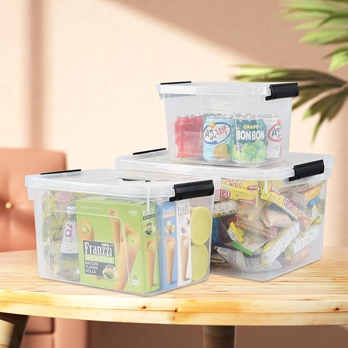 6 Quart Clear Lidded Organizer Bin 4 Pack | Plastic, Latch Storage Box