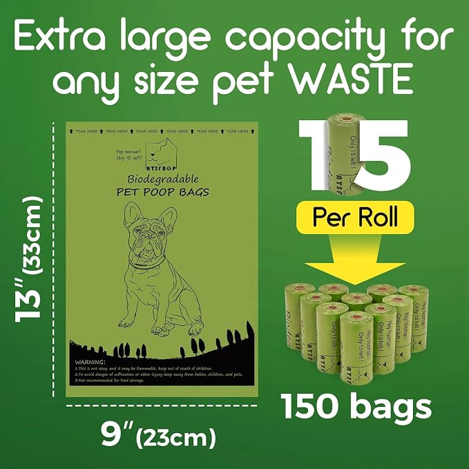 ATIFBOP Biodegradable Dog Poop Bags 150 Count 10 Rolls with Dispenser, Thicken and Leak Proof Poop Bag Holders for Leashes(Scented) | Strong & Extra Thick 9×13 Inch Refill Bags for Dog Walks, Cat Litter Cleanup, Baby Diaper Disposal & Everyday Carry