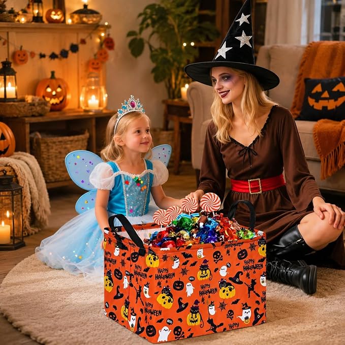 Halloween Pumpkin Ghost Storage Basket, Black Cat Spider Toy Organizer