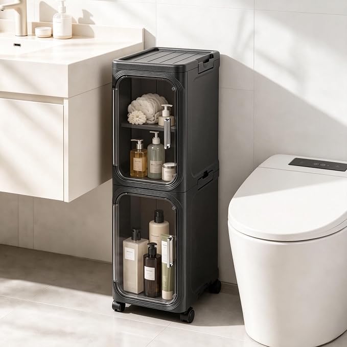 2 Tier Slim Narrow Bathroom Storage Cabinet with Wheels, Foldable, Black | Tools Free, Adjustable Shelves,Lockable Wheels, Magnetic Door, PET and ABS, Storage for Narrow Spaces