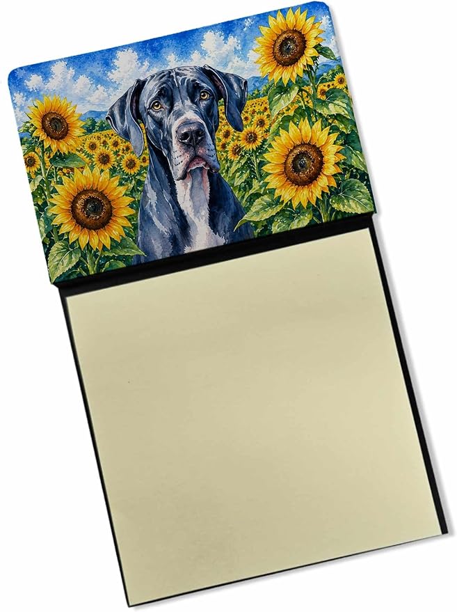 Caroline's Treasures Great Dane in Sunflowers Watercolor Sticky Note Holder Refillable Dispenser Desk Accessory 3x3 Pad Gift