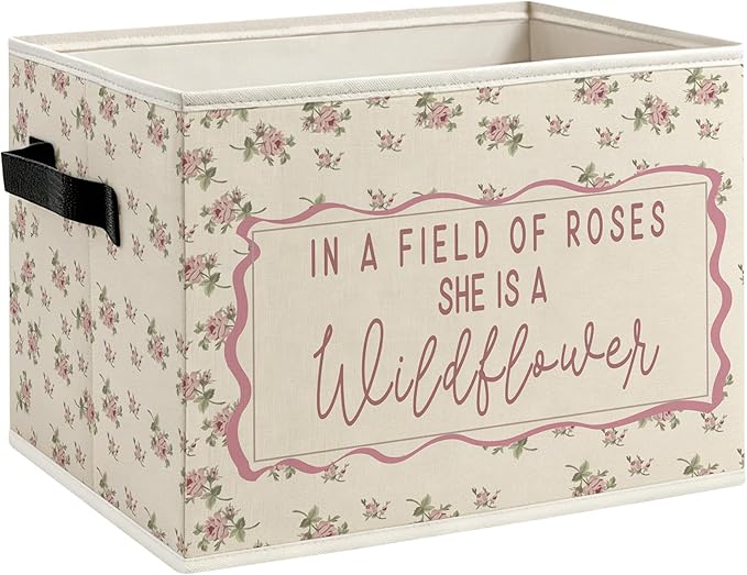 Pink Wildflower Girl Nursery Foldable Storage Bins Box with Handles, in a Field of Roses She Is a Wildflower Inspirational Decorative Storage Boxes Baskets Toybox Organizer for Girls Room
