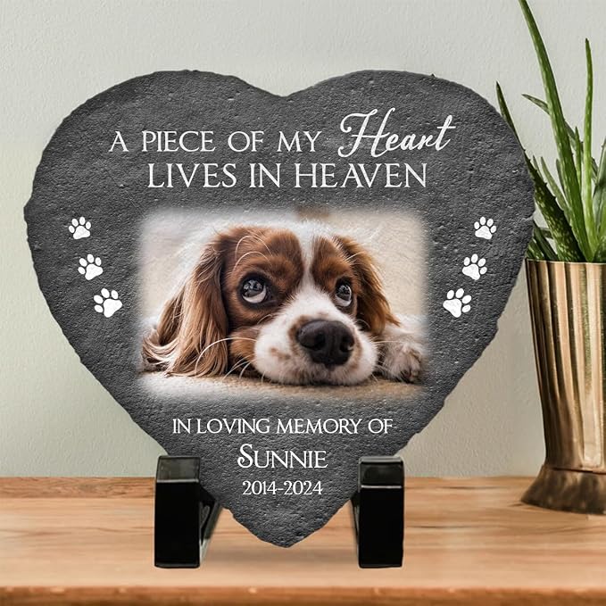 Wrappiness Pet Memorial Stone - Angels Sometimes Have Paws, Personalized Dog Memorial Gifts, Remembrance Condolence Bereavement Gifts for Loss of Pet Custom Photo (Heart 03, Stone with Stand)