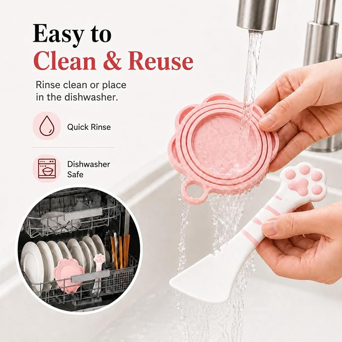 Meow&Woof Cat Food Can Lids and Spoon, Silicone Pet Food Can Covers for 3 oz, 5.5 oz, 12 oz & 13 oz Cans, Reusable Wet Food Storage Lid with Scraper Spoon for Cats and Dogs (Pink & White)