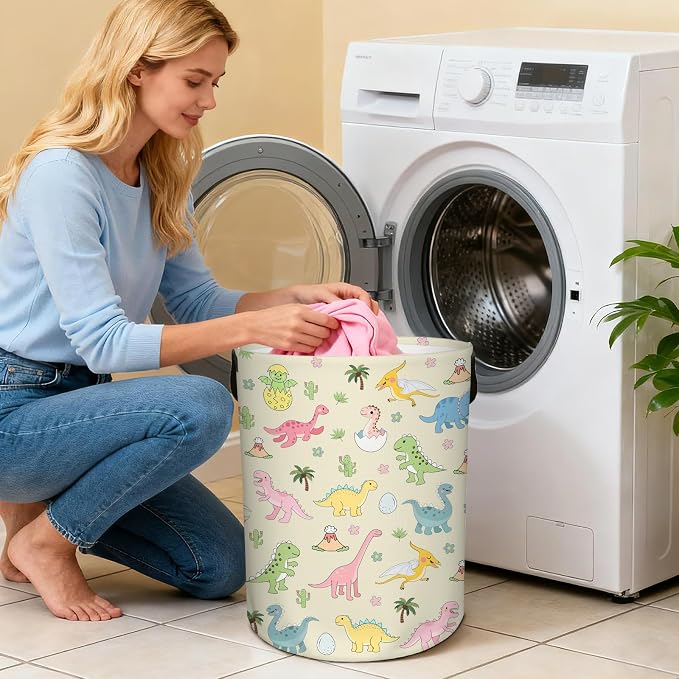 Dinosaur Laundry Hamper, Waterproof Laundry Basket for Bedroom, Baby Round Collapsible Nursery Hamper Storage Bin with Handles for Toys, Storage Basket for Boy Girls Boys, Room Decor, 13.8x17.7 in