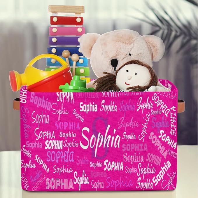Personalized Name Storage Basket with Handles, Canvas Storage Bins Toys Clothes Organizer for Bedroom, Kitchen, Bathroom, Nursery, Shelves, Closets, Deep Pink Background