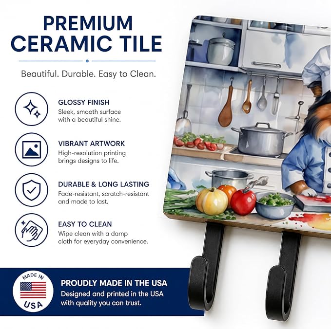 Caroline's Treasures Sheltie The Chef Leash or Key Holder Wall Hooks, Key Hooks Holder, Coat Rack Wall Mount, Coat Hooks, Hooks for Hanging Keys, Towels, Aprons, Leashes | Sheltie The Chef artwork on ceramic tile with three steel hooks for keys, leashe...