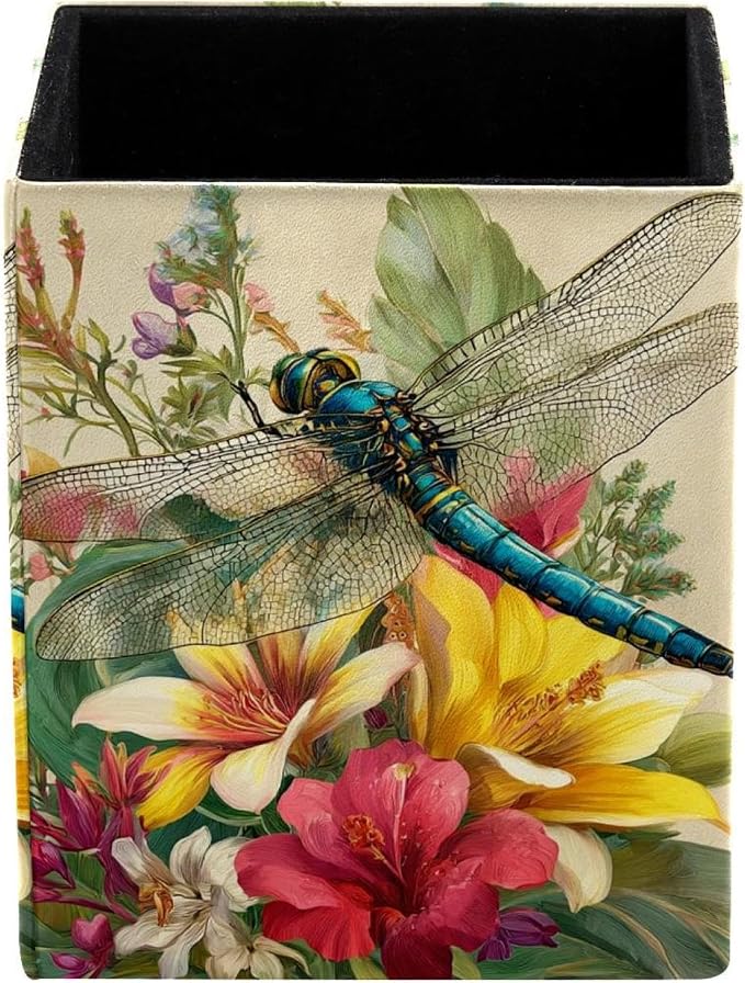 Retro Dragonfly Pen Holder for Desk Decor, Rectangular PVC Leather Pencil Cup for Desk Pen Organizer, Makeup Brush Holder for School, Home, Office