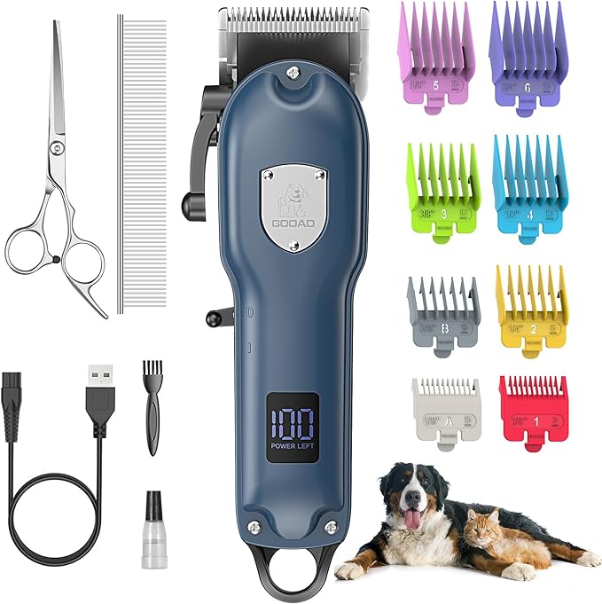 Dog Clippers for Grooming for Heavy Thick Hair&Coats,Low Noise Dog Hair Trimmer,Rechargeable Cordless Pet Shaver with Stainless Steel Blade, Dog Grooming Kit for Small Large Dogs Pets (Blue)
