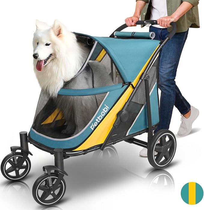 Petbobi Dog Stroller for Large & Medium Dogs - Easy Fold Dual Entry Pet Stroller with One-Foot Brake, All Terrain Wagon Cart with Air Mesh, Ideal for Large Senior Pets up to 80 lbs, Green | One-Hand Fold, One-Foot Brake, All Terrain 360 Swivel Front Wh...