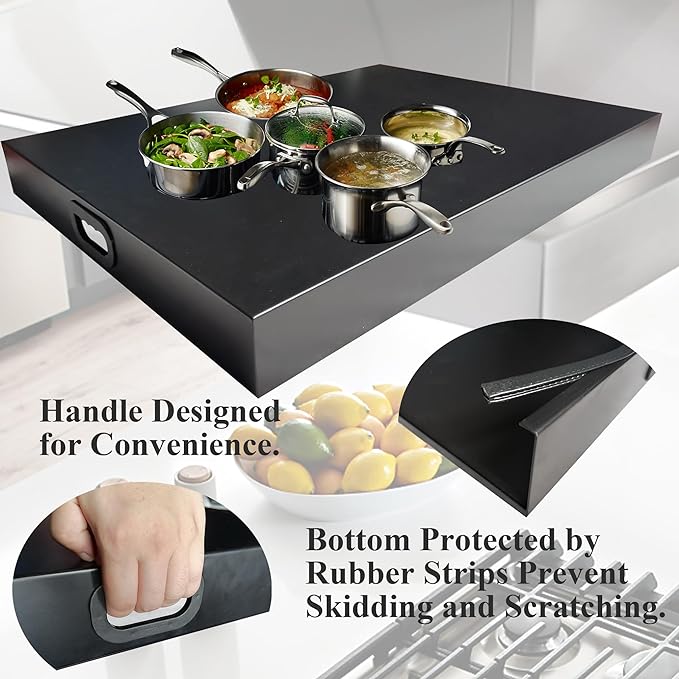 Stainless Steel Gas Stove Top Cover, Noodle Board Cooktop Cover, Kitchen Organizer for Gas and Electric Stove Range Expanding Kitchen Space, Large Size 30"x 22"x3", Black