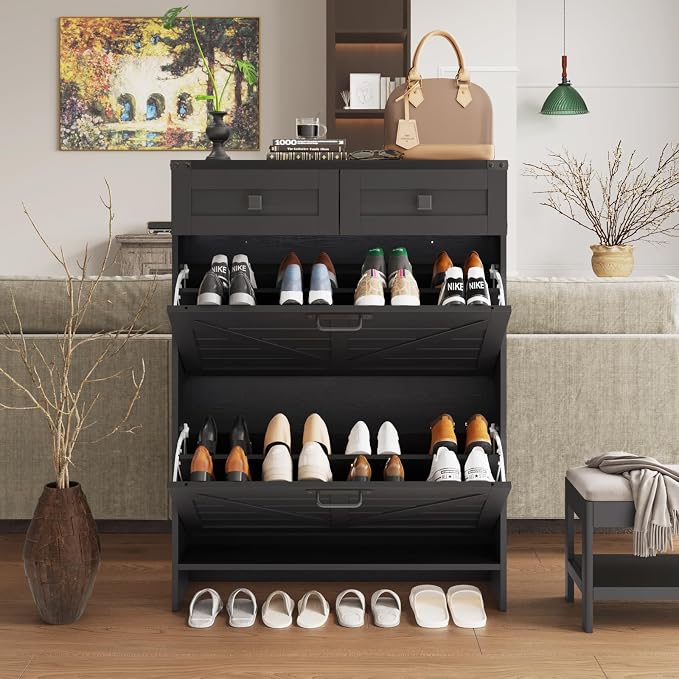 Halitaa Shoe Cabinet with 2 Flip Drawers & 2 Drawers,Farmhouse Shoe Storage Cabinet for Entryway,Slim Freestanding Narrow Organizer Rack for Front Door Entrance,Black