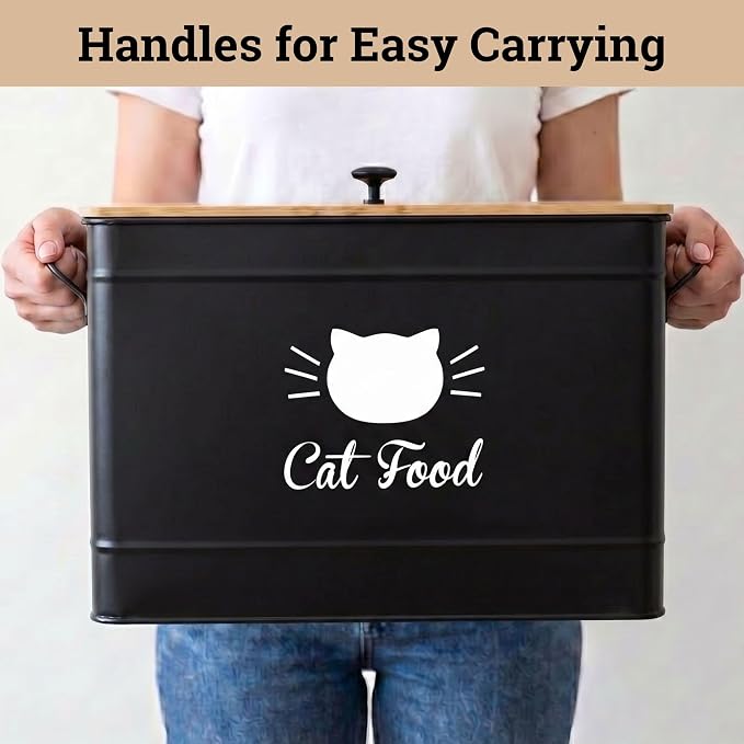 Metal Cat Food Container with Scoop, 15lb (50 Cup) w/ Airtight Bamboo Lid | 15 lb / 50 Cup Capacity, 1 Cup Metal Scoop, Durable Powder Coated Iron Body, Rubber Lined Bamboo Lid, Sturdy Metal Handles