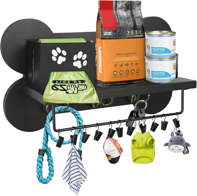 Wood Dog Leash Holder for Wall, Black Bone Hook for Entryway | 3 double hanging points, 11 mini clips, built-in pet waste bag cavity, quick wall installation