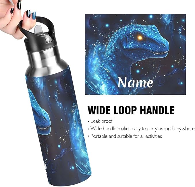 Custom Name Tech Dinosaur Blue Galaxy Water Bottle with Straw Lid Kids Insulated Stainless Steel Water Flask Sports, 20 Oz Hot Cold