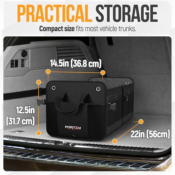 FORTEM Trunk Organizer - Collapsible Car Organizer & Storage Bag for SUVs | Car Accessories for Men & Women, Cooler Bag, Non Slip Bottom, Straps, Soft Cover, 1680D Oxford, 3 Compartments, Black, 65L