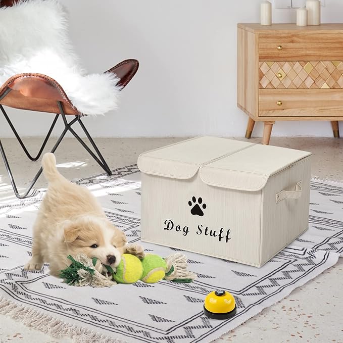 Dog toy box with lid dog storage organizer perfect basket for dog toys living room, playroom, closet, home organization and storage - Dog - Bamboo Beige