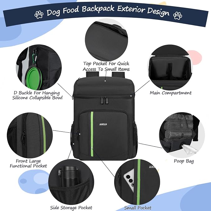 ANILD Dog Travel Bag Backpack, Flight-Ready TSA-Approved Dog Travel Bag with 2 Leak-Proof Food Canisters, 2 Foldable Silicone Bowls, Multi-Compartment Organizer for Hiking, Camping, Dog Mom Essentials