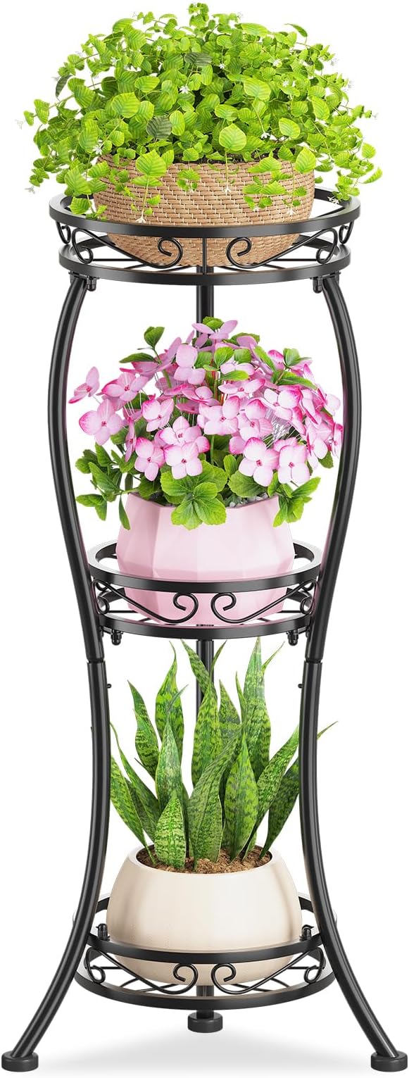 KMOTASUO 3 Tier Metal Plant Stand Tall for Indoor Outdoor Corner, Modern Black