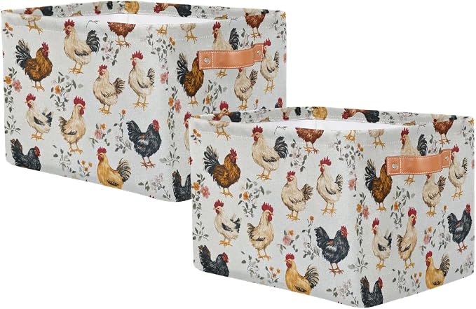 Chicken And Chicks Rectangular Storage Bin Collapsible Storage Basket Organizer Boxes with Leather Handle Storage Cube for Shelves Toy Laundry Nursery 2 PC