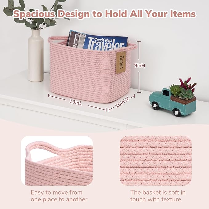 Goodpick Woven Rope Storage Basket for Shelves, Rectangle, Pink | 13" × 10" × 9" Stylish Gift Basket for Nursery, Bedroom & Bathroom Organization, Fits Toys, Towels & Baby Essentials Storage