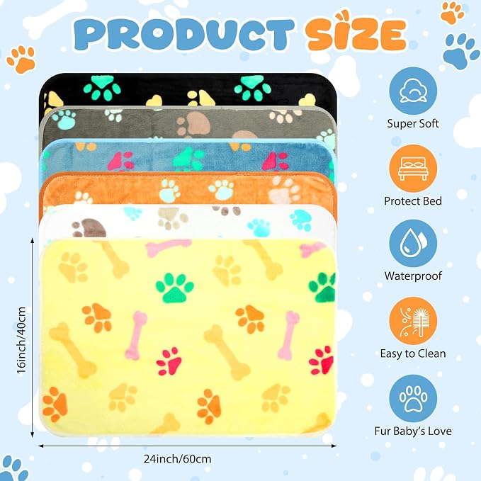 Tegeme 6 Pcs Waterproof Dog Blanket 24 x 16 Inch Paw Print Pet Blanket for Dogs Cats Puppy Washable Soft Fluffy Fleece Rug Flannel Throw Warm Sleep Mat for Kitten Doggy