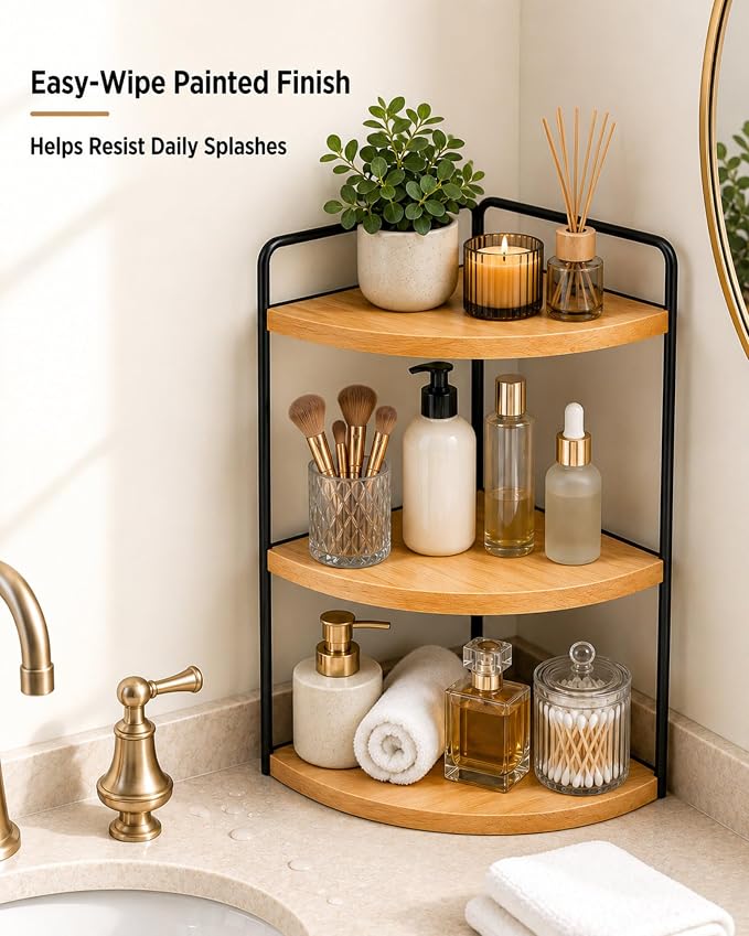 3-Tier Corner Bathroom Countertop Organizer, Solid Pine Wood Vanity Shelf | Natural wood solid pine shelves with 6.3 in clearance for tall bottles, skincare, perfume, and daily essentials.