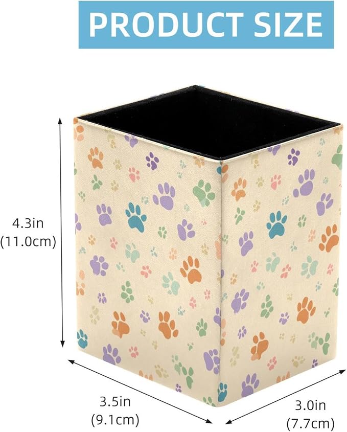 Pet Paws Pen Holder for Desk Decor, Rectangular PVC Leather Pencil Cup for Desk Pen Organizer, Makeup Brush Holder for School, Home, Office