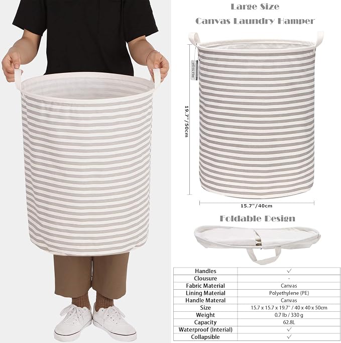 Sea Team Large Canvas Laundry Basket with Handles, Gray Stripes, 2-Pack | Collapsible Fabric Laundry Hamper, Closet Shelf Organizers, Containers for Clothing, Blankets, Toys, Bedding, 19.7 x 15.7”