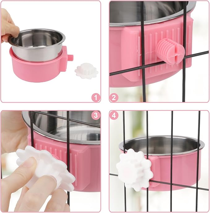 Hypeety Dog Crate Water Bowl No Spill - Hanging Attachable Pet Bowls for Kennel Durable Stainless Steel Food Water Dishes for Small Dogs Cats Rabbits Parrots with Non-Slip Base (Pink)