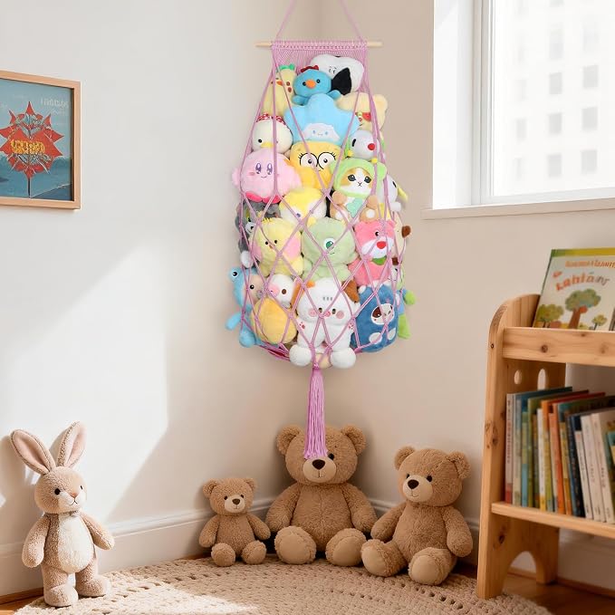 Stuffed Animal Storage Hammock Corner,70'' Macrame Plushie Net,Pink | Wall Ceiling Over Door Hanging Stuffed Animals Hammock, Boho Macrame Stuffy Storage Holder, Nursery Playroom Kid Room Decor
