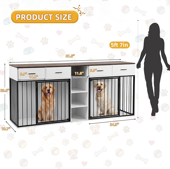 82 Inch Double Dog Crate Furniture for 2 Medium/Large Dogs, White | Extra Large Indoor Wooden Kennel, 4 Drawers & 4 Shelves, Heavy Duty Dog Crate TV Stand, Removable Divider