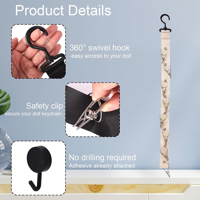 Doll Hanging Organizer, Plush Display Strap Holder Chain with 8 Metal Clips